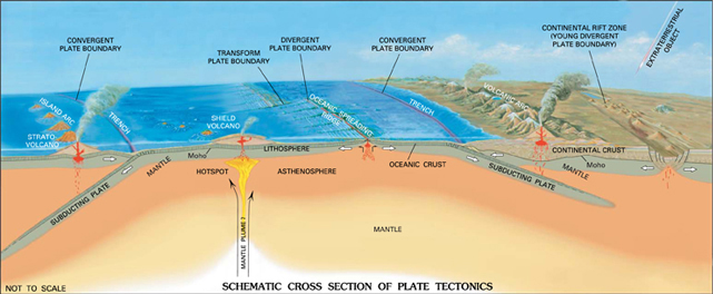 Image. A large drawing labeled Schematic Cross Section of Plate Tectonics. The drawing labels various geological formations and activities in the ocean: convergent plate boundary, transform plate boundary, divergent plate boundary. Emerging forms under the ocean include strato-volcano, island arc, shield volcano, and trenches. On land are a volcanic arc (a mountain range) and continental rift zone (also in a mountain range). Under the earth’s crust are subducting plate, mantle, hotspot, lithosphere, asthenosphere, oceanic crust, and continental crust. Source U S Geological Survey.