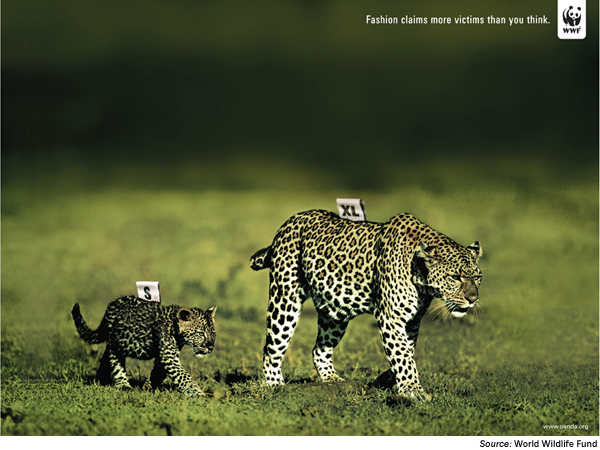 Image. Composite photograph of a mother cheetah and baby cheetah walking in a green field. The photograph has been altered with two labels sticking up from the cheetah’s backs. The labels are styled like clothing labels. The baby cheetah’s label is marked S; the mother’s label says X L. At the top of the image is the sentence Fashion claims more victims than you think, with the World Wildlife Fund logo in the top right corner. Source World Wildlife Fund.