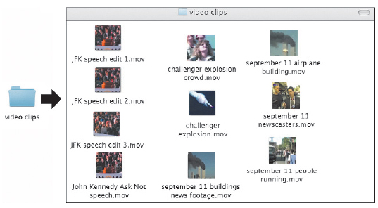 Image. Computer folder called video clips opened to show the files within it. The files are J F K speech edit 1 dot m o v. J F K speech edit 2 dot m o v. J F K speech edit 3 dot m o v. John Kennedy Ask Not speech dot m o v. challenger explosion crowd dot m o v. challenger explosion dot m o v. september 11 buildings news footage dot m o v. september 11 airplane building dot m o v. september 11 newscasters dot m o v. september 11 people running dot m o v.